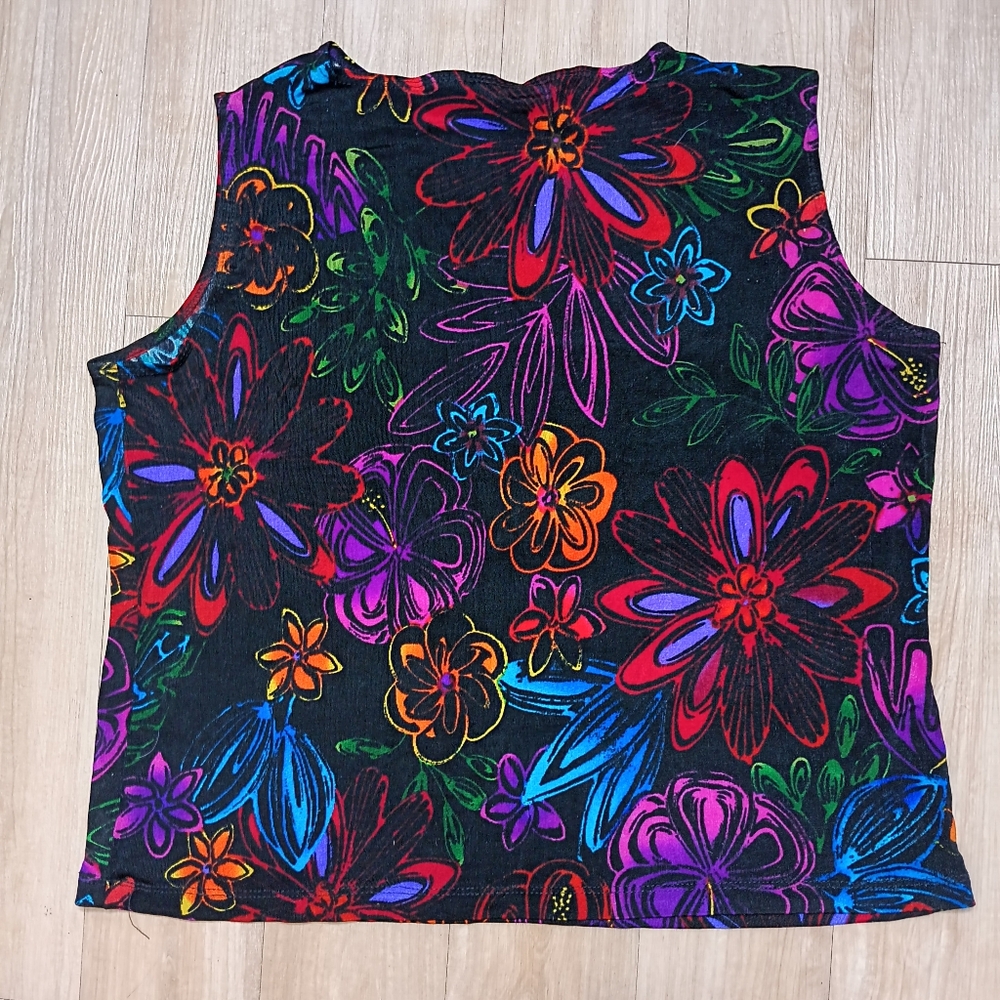 SOLD Vintage 90s Laura Ashley Vibrant Floral Contrast Sleeveless Top Sz L - Picture 2 of 4